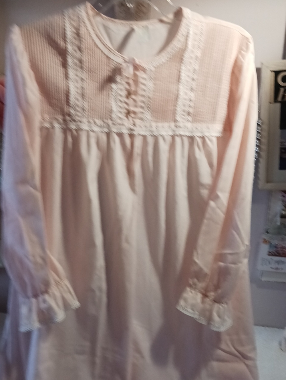 Women's Pink Lace-Trim Detail Design Long Sleeve Top Full Length Nightgown